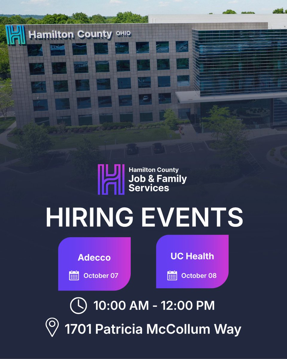 HCJFS's tweet photo. This week we're having back to back hiring events at JFS!
10/7 - Adecco Staffing, USA  (10 AM -12 PM)
10/8 - UC Health   (10 AM -12 PM)
We can't wait to see you there! https://t.co/IGS1OzAonu