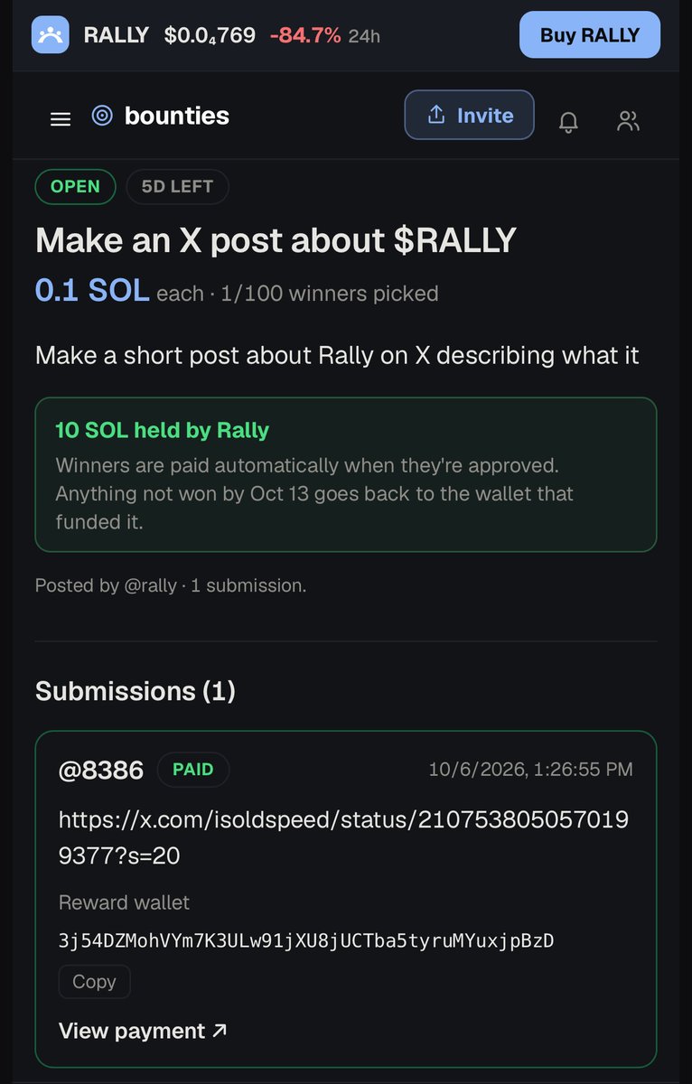 Rally_Terminal's tweet photo. Congrats on being the first user to ever complete a bounty on Rally! https://t.co/KQCF47aLnA