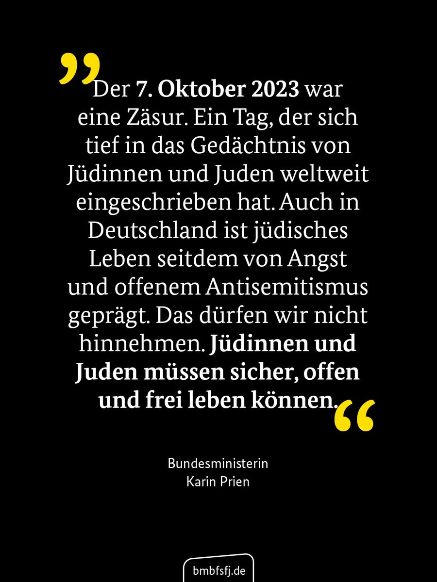 BMBFSFJ's tweet photo. Heute vor drei Jahren hat die Hamas Israel überfallen. Dieser Terrorangriff war eine Zäsur. Wir gedenken der Opfer und stehen an der Seite ihrer Familien. Bundesministerin @PrienKarin betont: Wir dürfen #Antisemitismus nicht hinnehmen. https://t.co/fLCq8Sn661