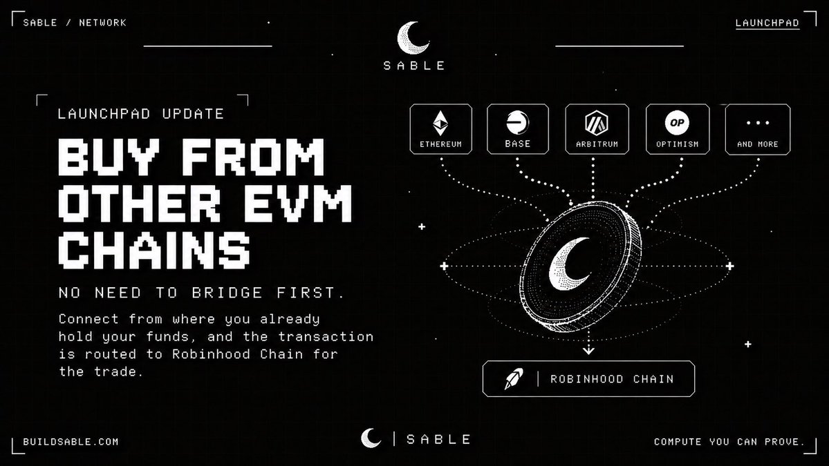 sablenetwork's tweet photo. Launchpad update.

You no longer need to bridge to buy a Sable Launchpad coin.

It now supports buying from other EVM chains.

Connect from where you already hold your funds, and the transaction is routed to Robinhood Chain for the trade.

We keep building. https://t.co/kM353HtFVv