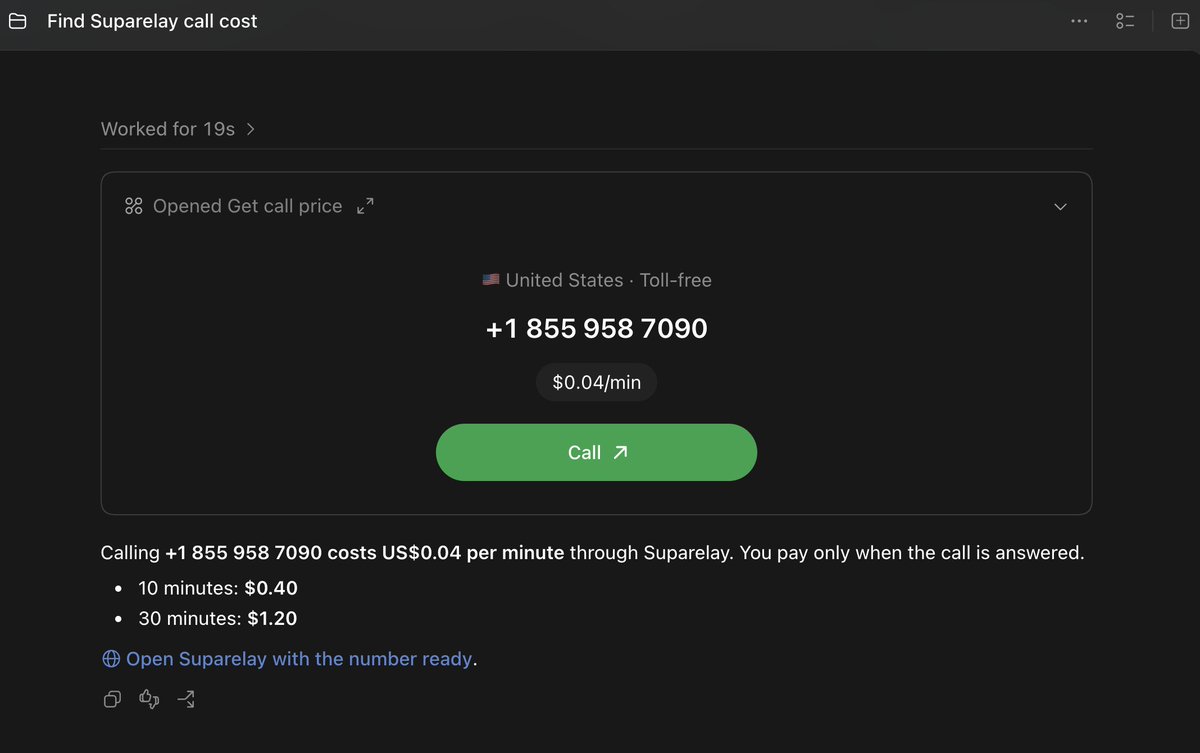 suparelay's tweet photo. @ChatGPT hang tight we comin'

Adding an MCP app that allows you to call ANY number in the world for cents a minute

Shippin this soon 🔜 🚂 https://t.co/fvQ0hRbG0j