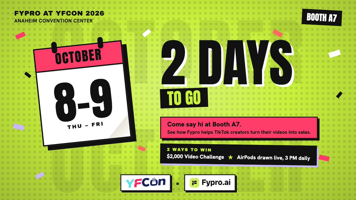 fyproai's tweet photo. Creators, the countdown is on. 2 days until YFCon !!

Fypro is heading to Anaheim Oct 8–9 with 2 ways to win $$$:

🏆 $2,000 Video Challenge
The 5 most-viewed Fypro TikToks get paid, with $800 for 1st.
🎧 AirPods giveaway
Winners drawn live at 3 PM, both days.

Find us at Booth A7 and see how creators turn their TikToks into sales.

Want in free? Reply "YFCON" and we'll send the link 🎟️

📍 Anaheim Convention Center · Booth A7

#YFCon #Fypro