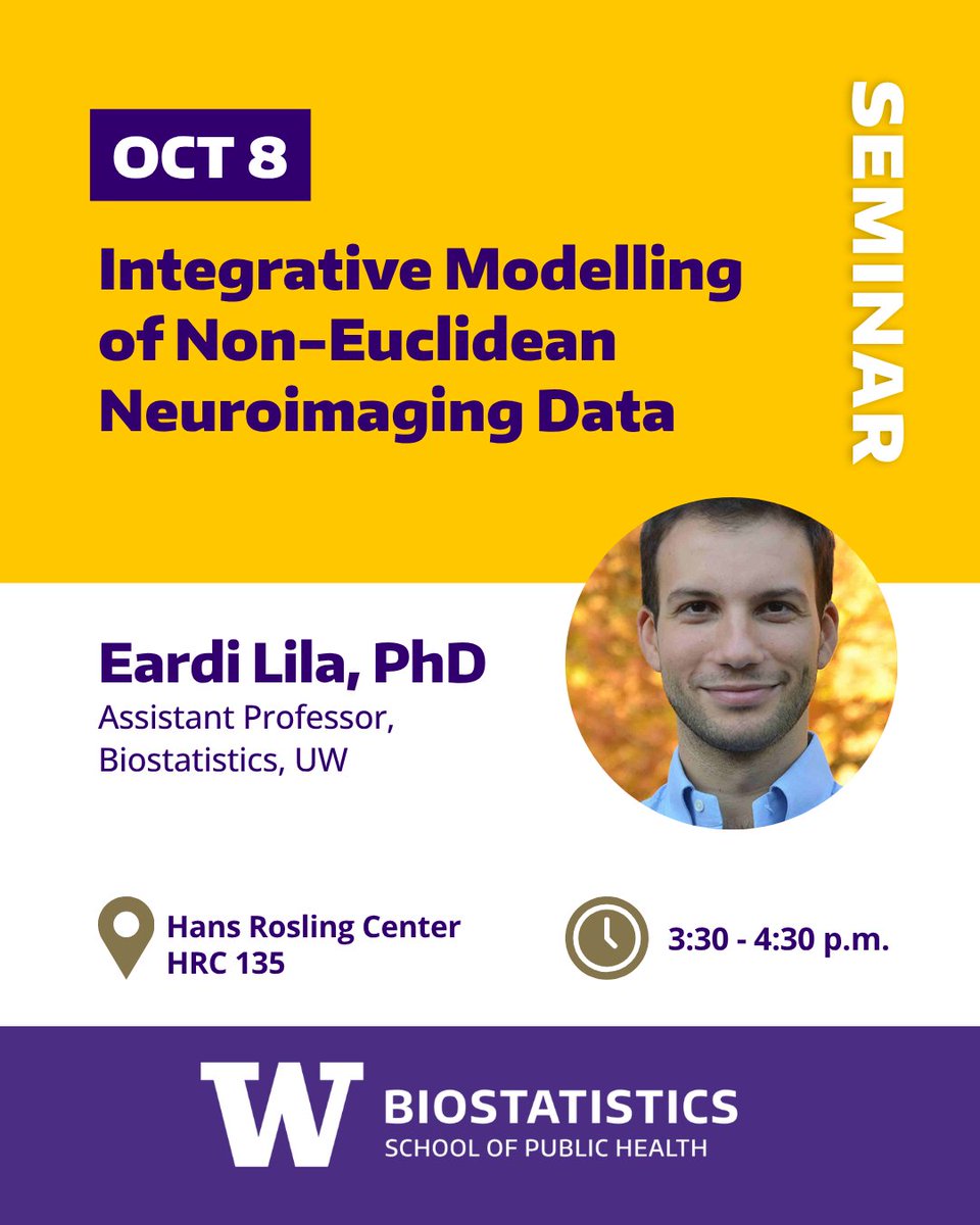 UWBiostat's tweet photo. Eardi Lila, assistant professor in @UWBiostat and @uwsph presents, "Integrative Modelling of Non-Euclidean Neuroimaging Data" this Thursday, Oct. 8. Held on the UW campus in the HRC room 135 at 3:30 p.m. Full abstract at: https://t.co/lVgWy30nqU https://t.co/TGcLi5I8AL