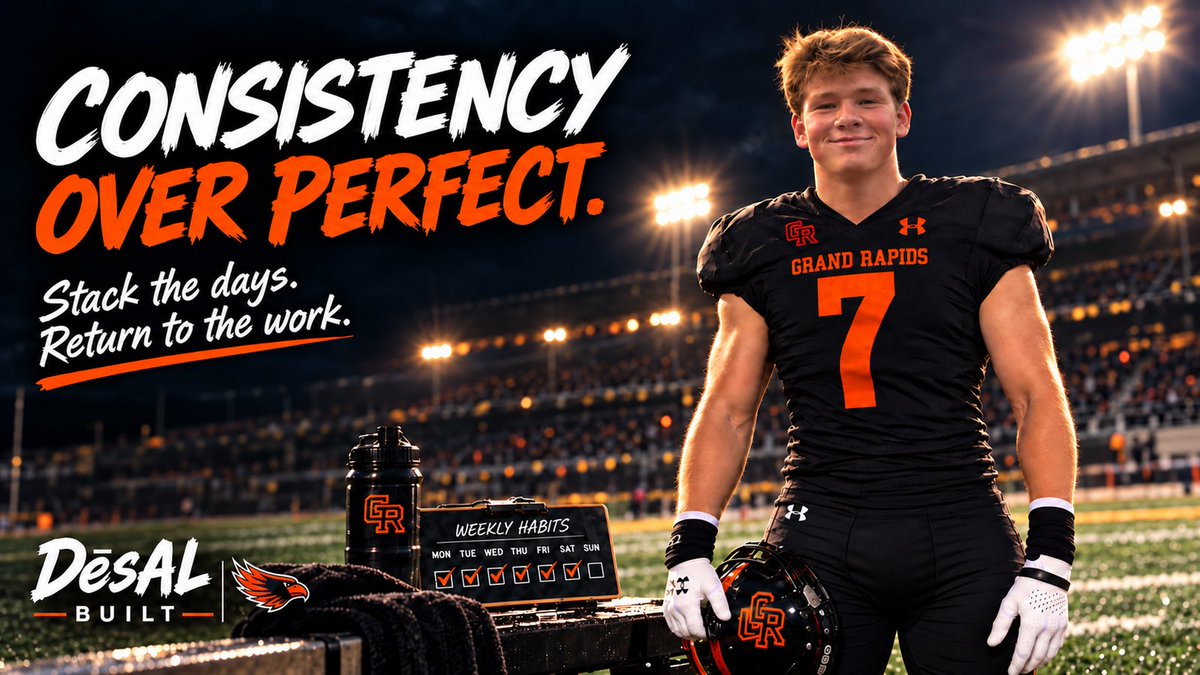 CoachSpahn's tweet photo. Perfection is fragile. Consistency travels.
Choose one important action this week and give yourself credit each time you complete it. A missed day is not permission to quit; it is an invitation to begin again at the next opportunity.
#DēsALBuilt #GRHSFootball https://t.co/W53caLMsbh