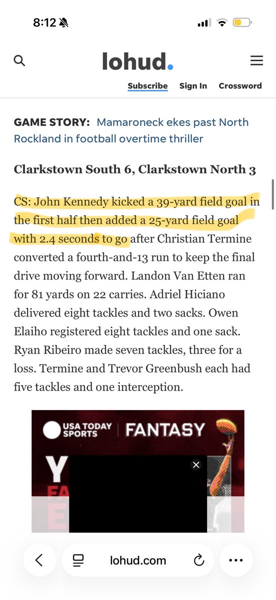 john_kennedy23's tweet photo. Huge win against Clarkstown North on Friday night. I went 2/2 on field goals. 39 in the first half and a 25 yarder to win the game! I also averaged 37 yards in punts. @specialteamsNY @lohudsports https://t.co/HjAayCkvui