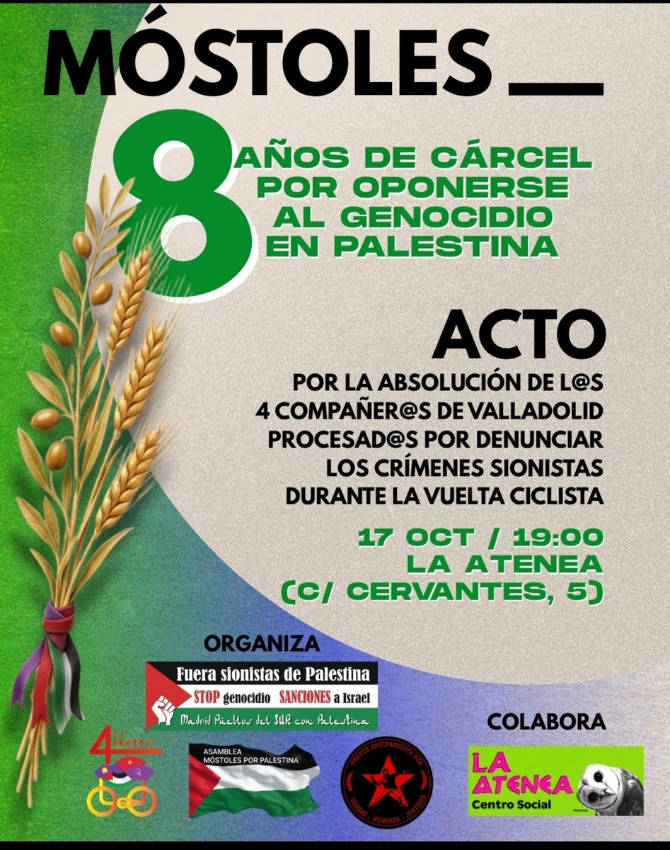 IzcaNacional's tweet photo. #Madris Actos en Vallekas y en Móstoles de apoyo a "l@s 4 de Valladolid" procesados por solidarizarse con Palestina y denunciar el genocidio sionista durante la vuelta ciclista.
Se enfrentan a un total de 8 años en cárcel.
El día 10 de noviembre serán juzgados/as en Valladolid https://t.co/TEdLaT99Kf