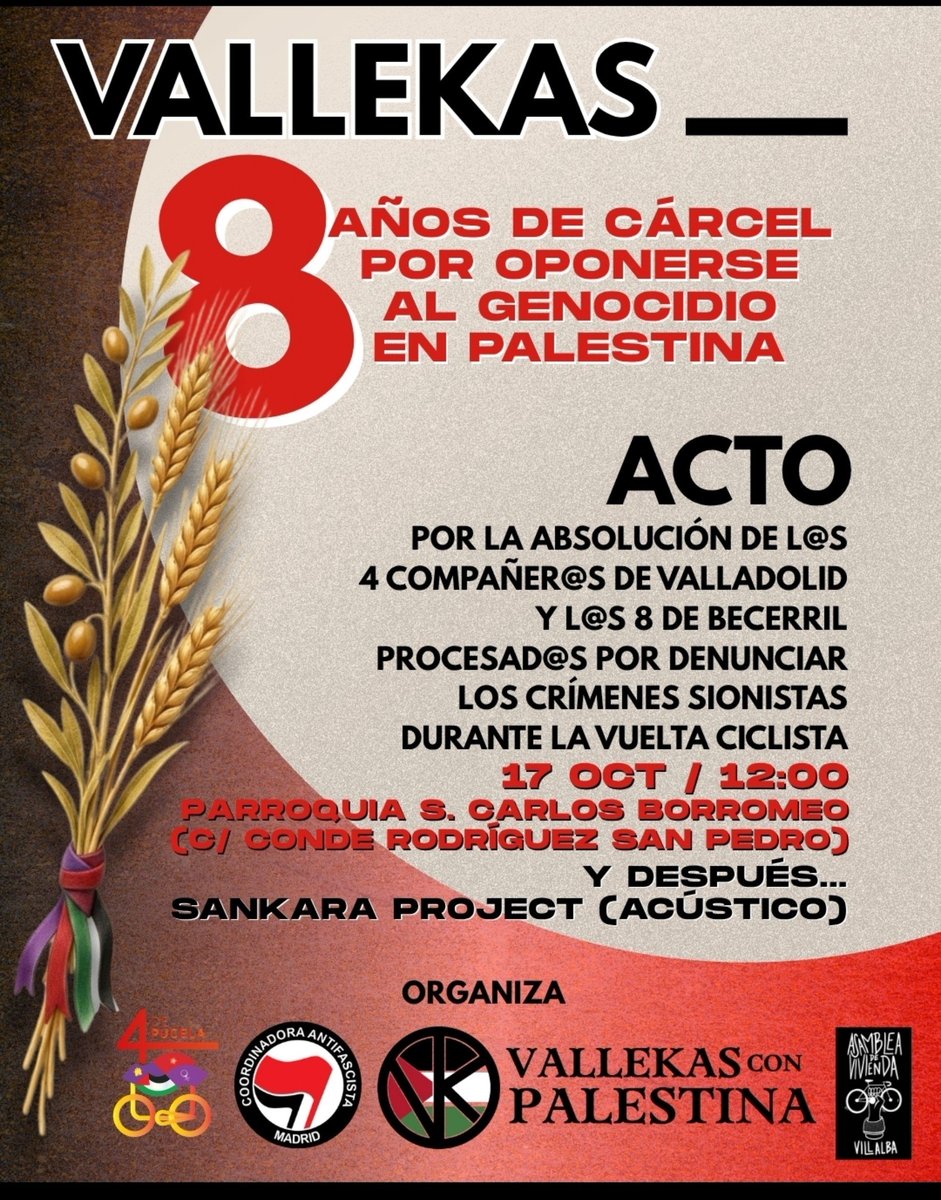 IzcaNacional's tweet photo. #Madris Actos en Vallekas y en Móstoles de apoyo a "l@s 4 de Valladolid" procesados por solidarizarse con Palestina y denunciar el genocidio sionista durante la vuelta ciclista.
Se enfrentan a un total de 8 años en cárcel.
El día 10 de noviembre serán juzgados/as en Valladolid https://t.co/TEdLaT99Kf