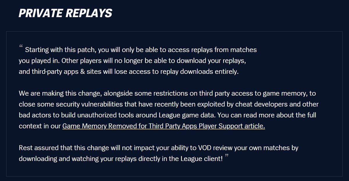 DumbsYT's tweet photo. Riot is changing it so you can only look at your own League replays

This will kill so many League channels that are getting footage from Pro players or from any game that they didn't play in

No more community videos or watching pros

This change makes no sense https://t.co/DHpucasoIW