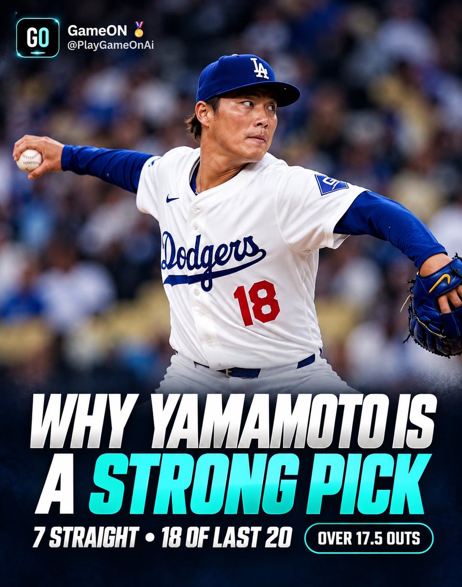 PlayGameOnAi's tweet photo. WHY YAMAMOTO IS A HOT PICK 🔥

O17.5 Pitcher Outs
5/5 L5 • 9/10 L10 • 18/20 L20
7 straight. 65% HIGH📊

The numbers are speaking👀
#GameOnAi #MLB #Yamamoto https://t.co/Y64mKW4kIm
