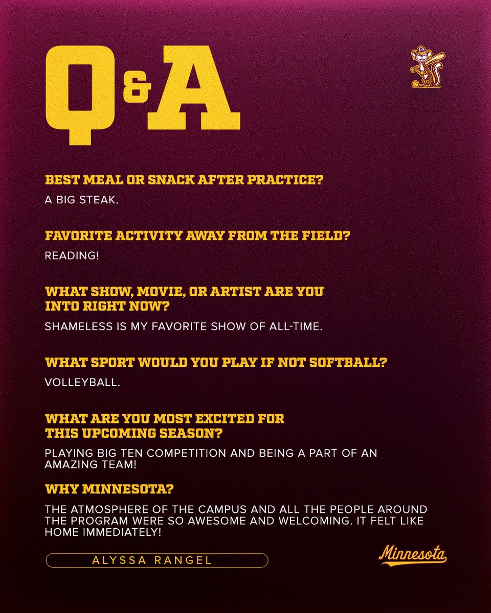 GopherSoftball's tweet photo. Meet the newcomers: Alyssa Rangel 〽️

#GSB | #SkiUMah https://t.co/v7zgIpTS5r