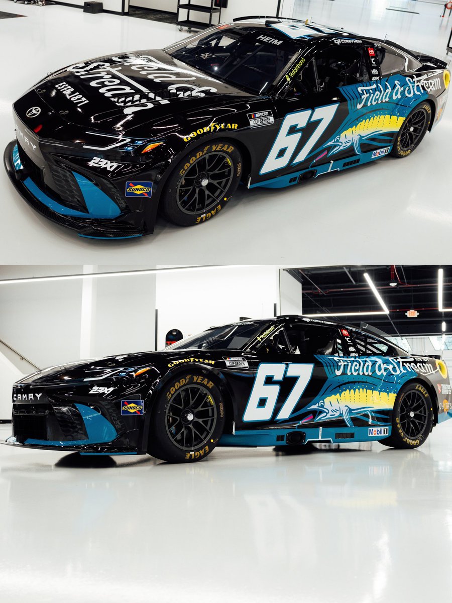FieldandStream's tweet photo. The field just lit up. ⚡️

Meet Blue Blade, the Field &amp; Stream 23XI Racing No. 67 Corey Heim will drive at Charlotte this weekend. 

Sailfish on the doors. 
F&amp;S on the quarter panels. 
#LetsBall @TractorSupply @ChiefsBroadway https://t.co/LfEx8Qx5is