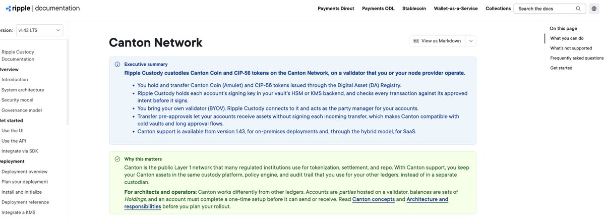 IOV_OWL's tweet photo. ⚡️ NEW: Ripple Custody documentation describes Canton as “the public Layer 1 network that many regulated institutions use for tokenization, settlement, and repo.”

Ripple Custody 1.43 supports canton-network:native and CIP-56 tokens on @CantonNetwork.

Research credit: @MrManXRP ripple:native