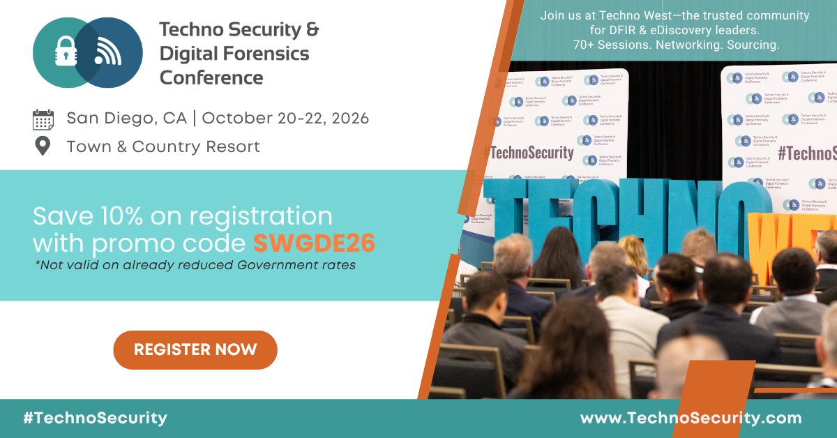 SWGDE's tweet photo. We are excited to support the @technosecurity Forensics Conference in San Diego, CA (10/20-10/22/26)!

Save 10% on registration with code SWGDE26: https://t.co/t0Ih1HQNXh

Join us as we work to foster communication, cooperation, and quality in DME! #Forensics #DFIR https://t.co/Hh6cPS6gSF
