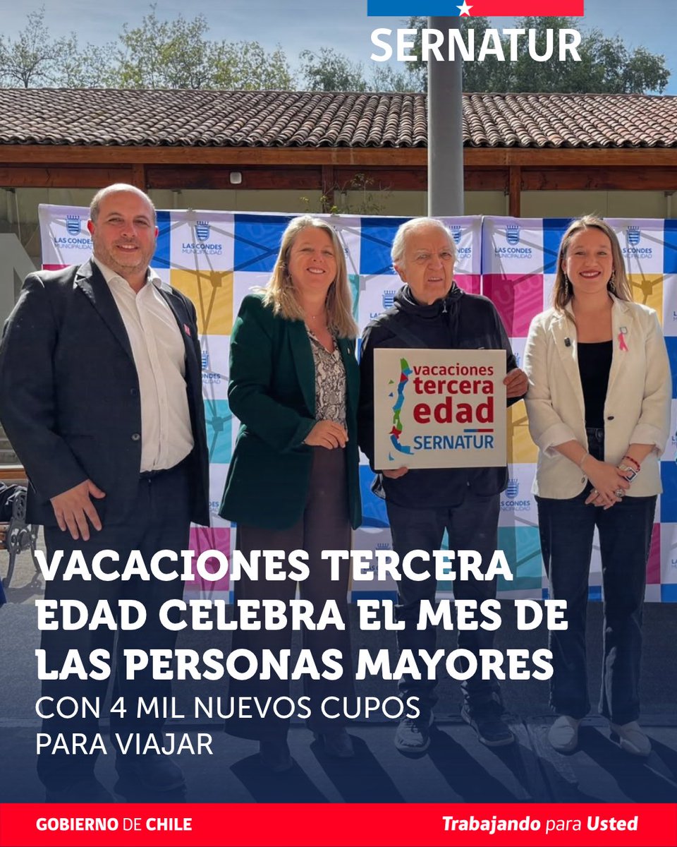 Sernatur's tweet photo. 👵🏼👴🏼En el inicio del Mes de las Personas Mayores, Sernatur y @Muni_LasCondes reunieron a más de 250 personas en una jornada de envejecimiento activo, donde además se anunció la apertura de nuevos cupos del programa para viajar por Chile. 
🔗https://t.co/1KRb0eF7C7 https://t.co/tEulEXHHE0