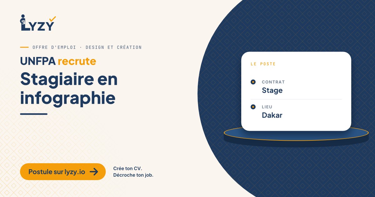 Lyzy_io's tweet photo. UNFPA recrute un stagiaire en infographie à Dakar : visuels réseaux, infographies, contenus animés. Étudiant·es et jeunes diplômé·es.
https://t.co/qKfrjnvLjq #Emploi https://t.co/bPexraE5Wf