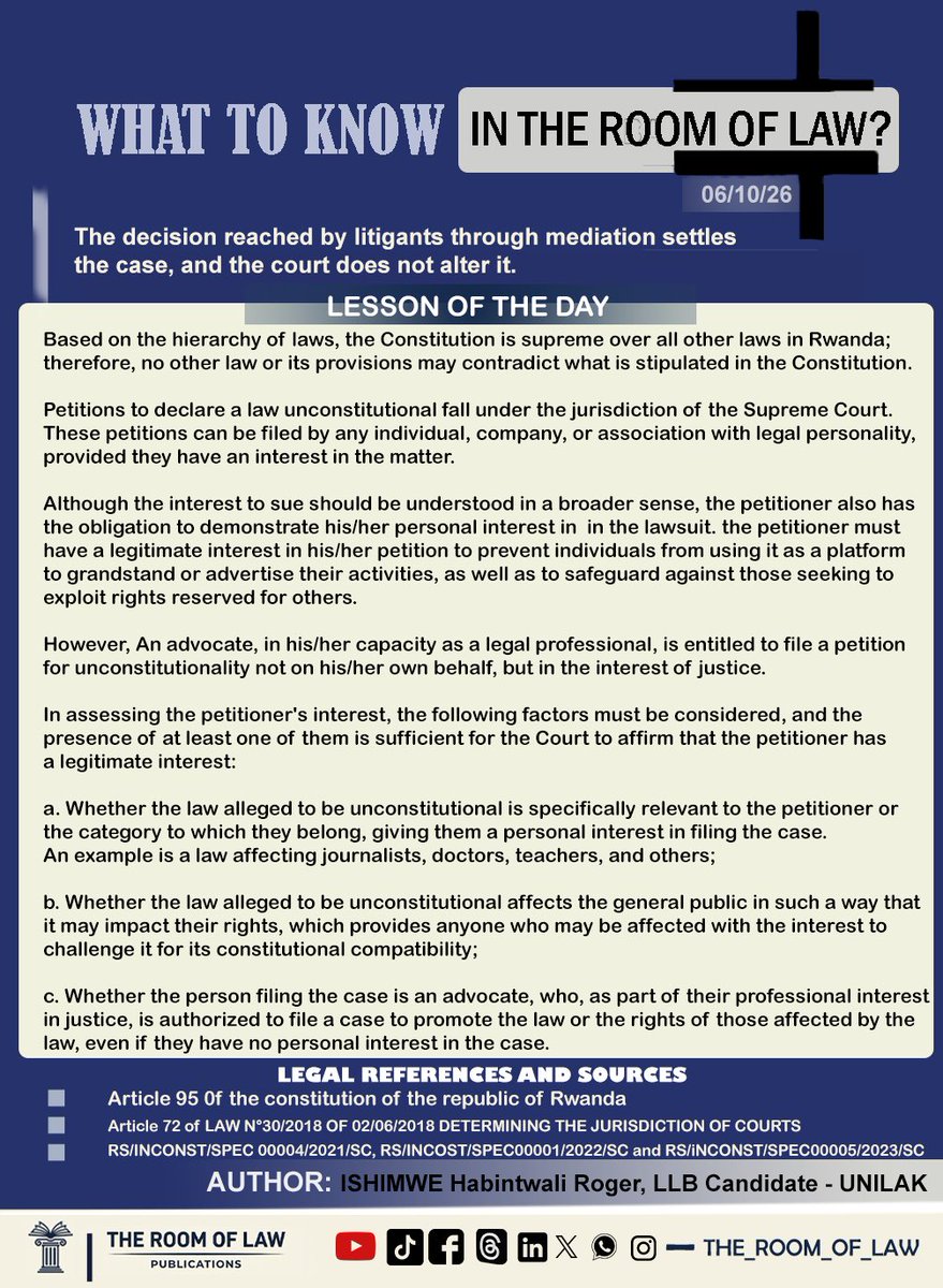 THE_ROOM_OF_LAW's tweet photo. PUB 039.O26.RGR - Ibyerekeye ibirego byo kwemeza ko itegeko rinyuranyije n’itegeko nshinga. 

Bana natwe, Biroroshye Biraryoshye!

En:Regarding petitions challenging the constitutionality of a law

Stay with us, It’s easy and engaging!

#TheRoomOfLaw #LegalAnalysis https://t.co/oMaSWp6NVL