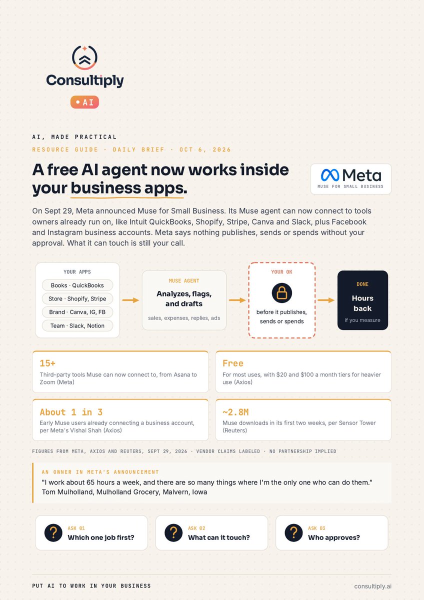 geekdude's tweet photo. ⚡ @Meta's Muse for Small Business now plugs into QuickBooks, Shopify, Stripe and Slack. Meta says nothing sends or spends without your OK.

Owners: one workflow, one named approver, then track time saved after fixes. 🔐

https://t.co/iYetDofAaR
#SMB #AIAgents #PutAIToWork https://t.co/3ayzkVE2Ru