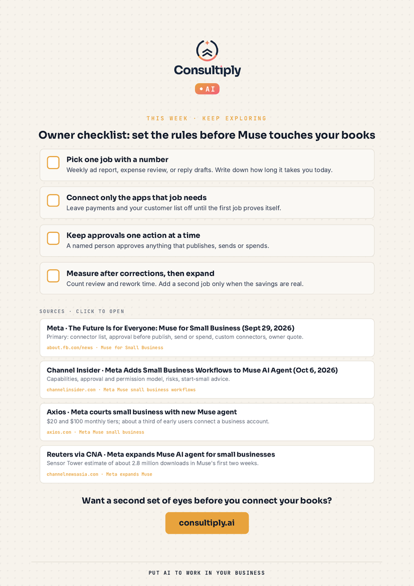 geekdude's tweet photo. ⚡ @Meta's Muse for Small Business now plugs into QuickBooks, Shopify, Stripe and Slack. Meta says nothing sends or spends without your OK.

Owners: one workflow, one named approver, then track time saved after fixes. 🔐

https://t.co/iYetDofAaR
#SMB #AIAgents #PutAIToWork https://t.co/3ayzkVE2Ru