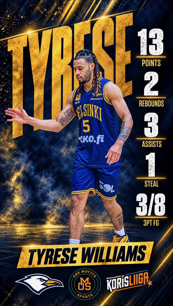 OneMotiveSports's tweet photo. Tyrese Williams @YungRese_4 had 13 points, 3 assists, 2 rebounds and a steal today in Finland Korisliiga action as his Helsinki Seagulls lost to Korihait. #OMS https://t.co/o6cwfyJzTN