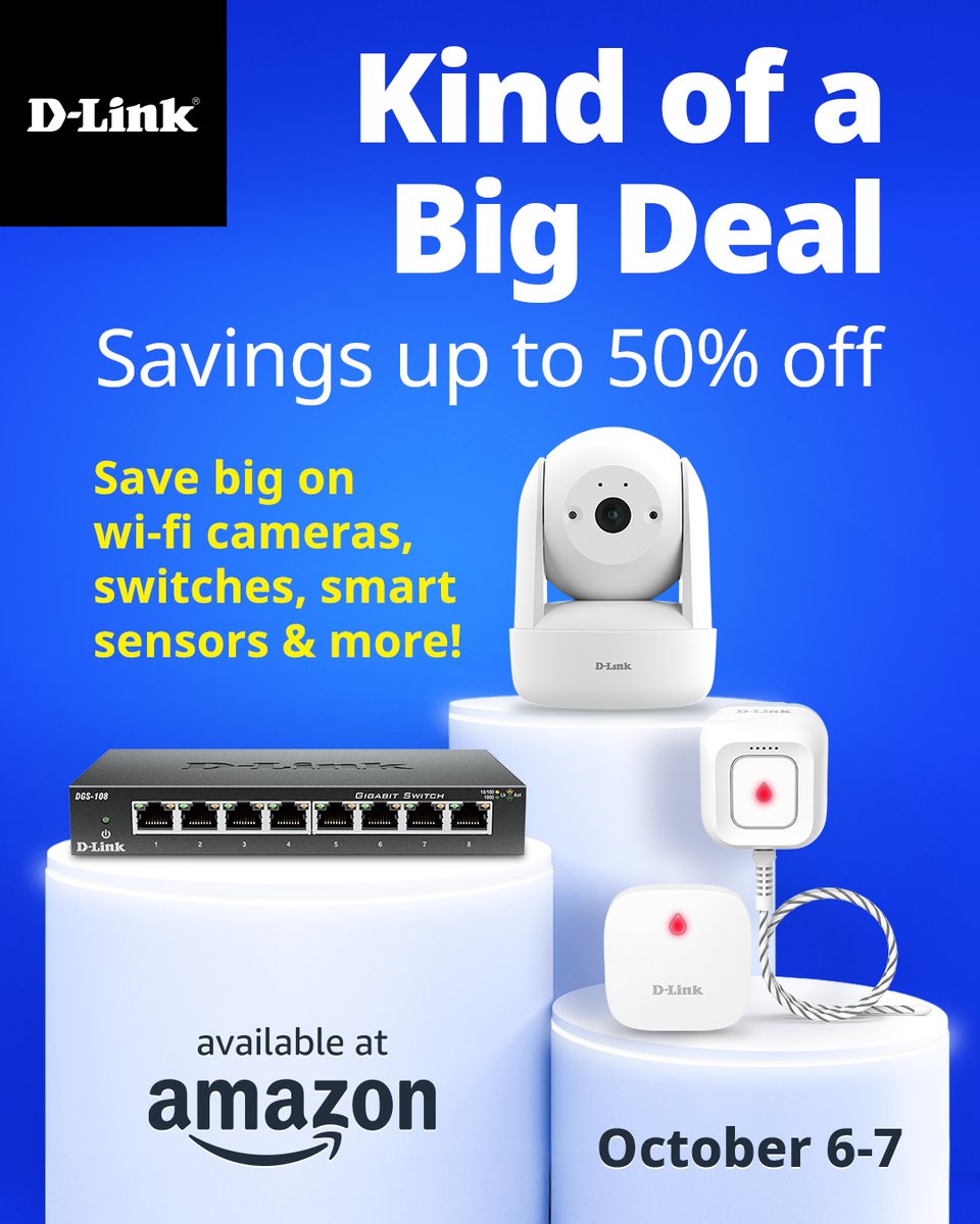 Dlink's tweet photo. Don’t wait to enjoy "BIG" savings for Amazon Prime Members! For 2-Big Days you can Shop &amp; Save up to 50% on select D-Link products for your home or office. https://t.co/P5b0EqqbRb #Amazon #amazonbigdealdays #amazonprime #WiFiCamera #switches #wifiwatersensor #wifiadapter https://t.co/uDjSLWQU2p