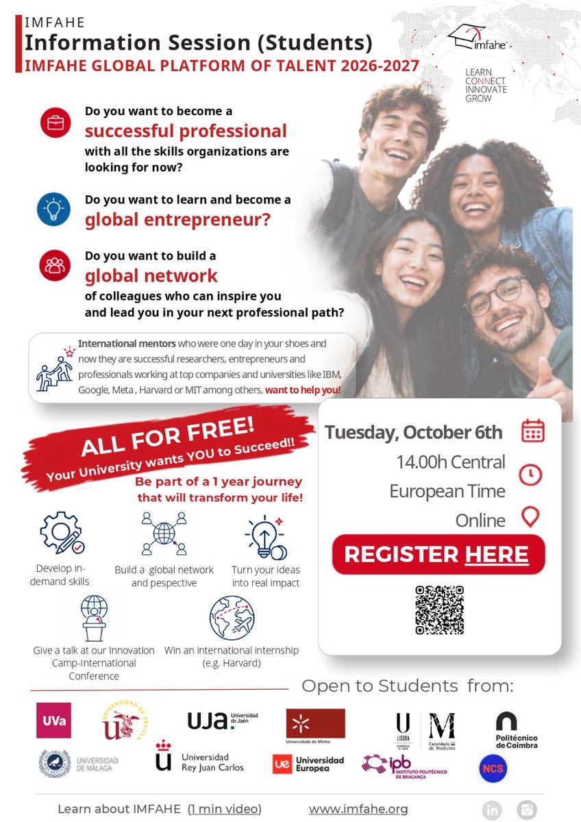 InformaticaUMA's tweet photo. 📣 **¡Convocatoria IMFAHE 2026/2027 abierta en la @InfoUMA !** 🎓🌍

¿Quieres hacer una estancia en Harvard MIT?

👥 Dirigido a estudiantes (Ingeniería, Biomedicina, Económicas) e investigadores/as UMA.

⏳ **Deadline:** 31 de oct (23:59h)

✍️ Regístrate a las charlas!!! https://t.co/pyTSfTvQdb
