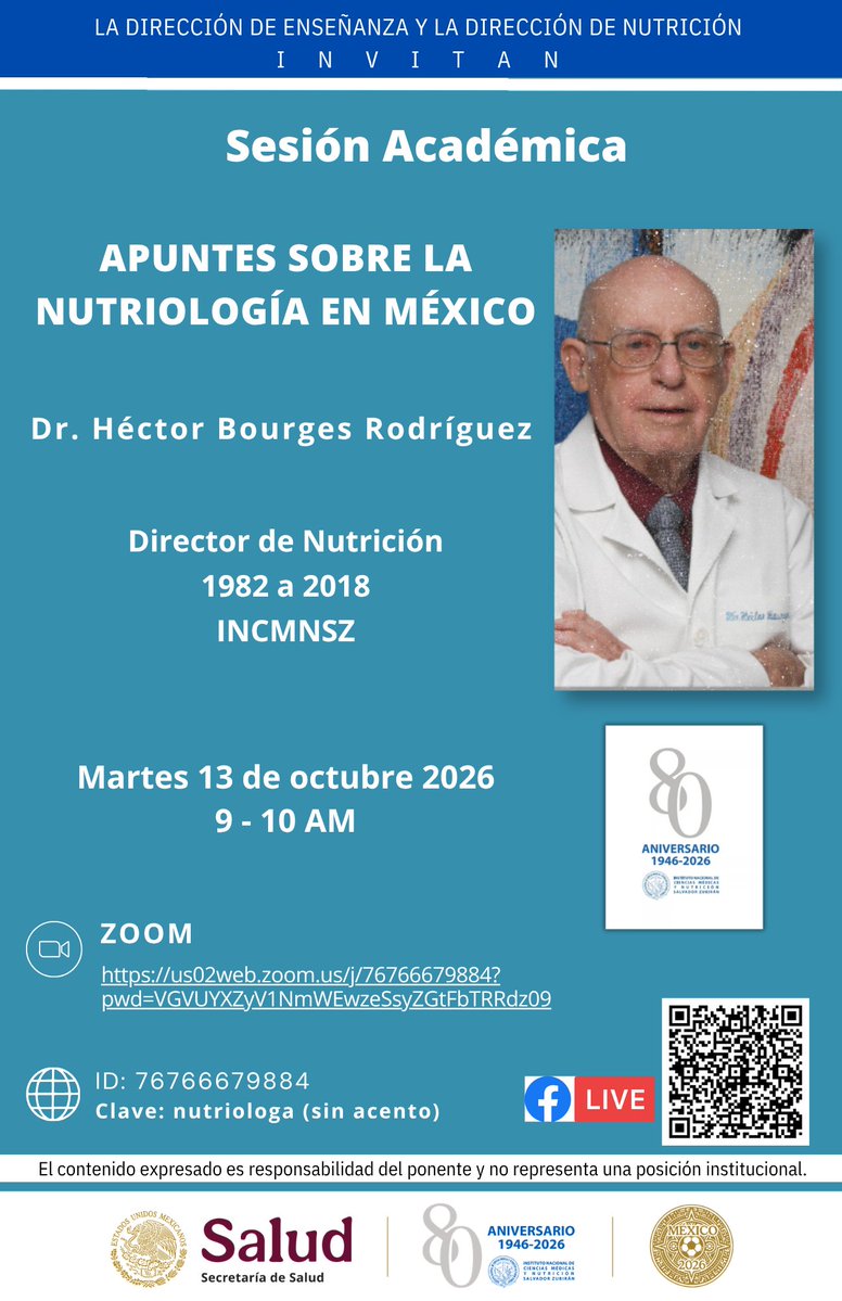 incmnszmx's tweet photo. La Dirección de Enseñanza y la Dirección de Nutrición invitan a la Sesión Académica: APUNTES SOBRE LA NUTRIOLOGÍA EN MÉXICO
Martes 13 de octubre de 2026
9:00 a 10:00 am
Se transmitirá en vivo a través de Facebook Live. 
 https://t.co/ob7cJzdSls https://t.co/10brdCzEeT