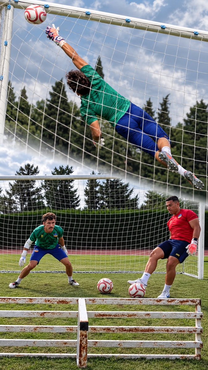 Three soccer players are shown in a training scenario; one goalkeeper dives to make a save above the goal while two players stand near soccer balls in front of the net.