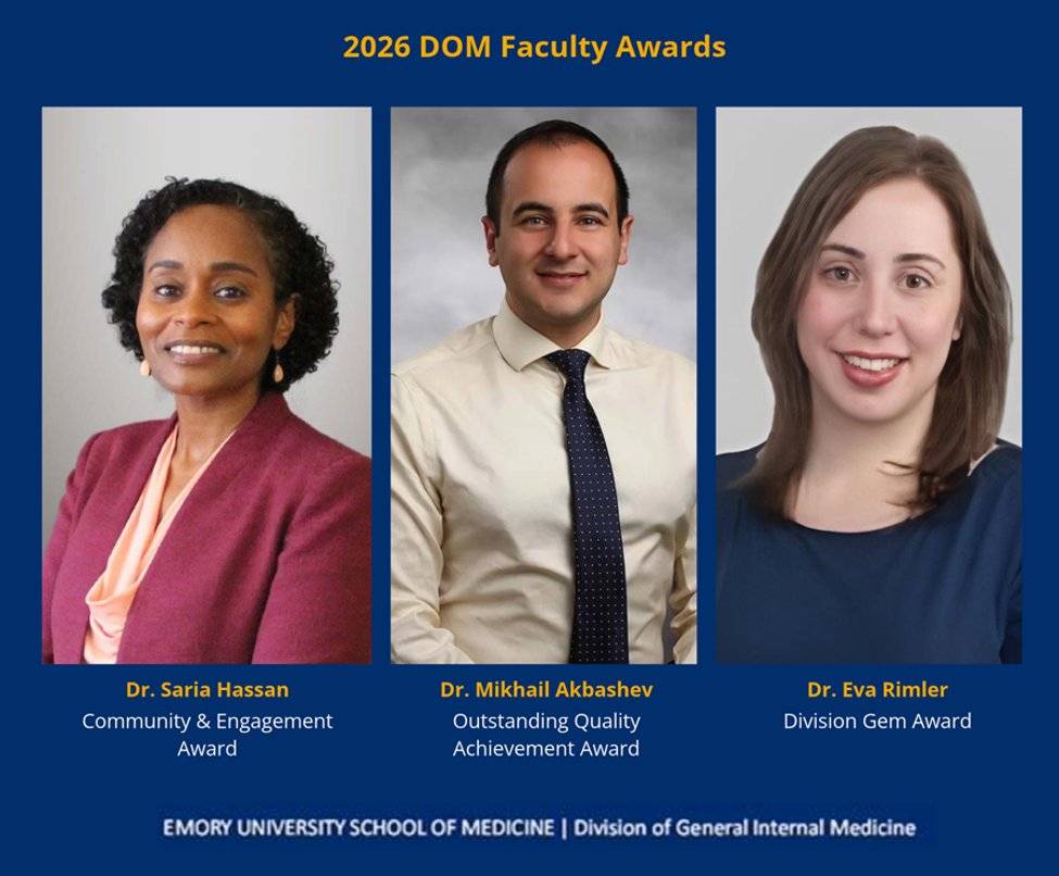 EmoryGIM's tweet photo. Proud GIM moment! Congrats to @DrSariaHassan (Community &amp; Engagement Award), @HungryHospMD (Quality Achievement Award), and Eva Rimler (Division Gem Award) on being recognized at the @EmoryDeptofMed Awards Celebration. Thanks for the impact you make every day. 👏🏽🏆 #GIMProud https://t.co/9hLRn15mC5