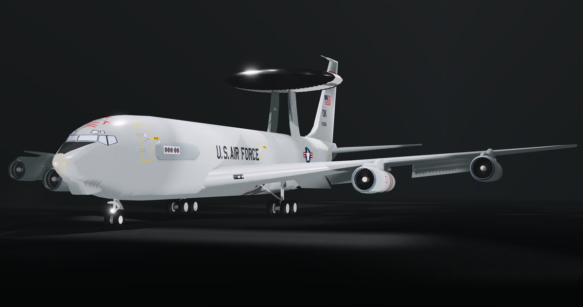 CDacted's tweet photo. E-3 AWACS. Made one of these ages ago but that one was significantly worse. This livery is based on an E-3 I seen at Prestwick in late 2024.

#Roblox #RobloxDev #Robloxbuilds https://t.co/8z7xhHlVIQ