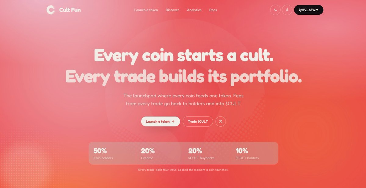 cultfunxyz's tweet photo. Every coin starts a cult, every trade builds its portfolio.

The launchpad where every coin feeds one token. Fees from every trade go back to holders and into $CULT. https://t.co/Qr0VuNFR9e
