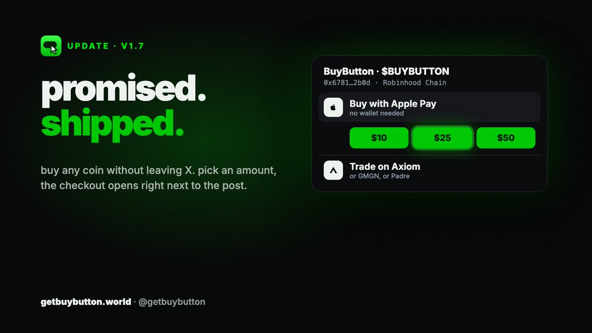 getbuybutton's tweet photo. promised a few hours ago. shipped tonight.

BUY BUTTON v1.7:
+ buy any coin without leaving X
+ $10, $25, $50 in one tap
+ the checkout opens right next to the post and closes when you're in

a tweet to a bag in two taps.

update on https://t.co/QV4ZiQMHws https://t.co/HwF7eKfpPx