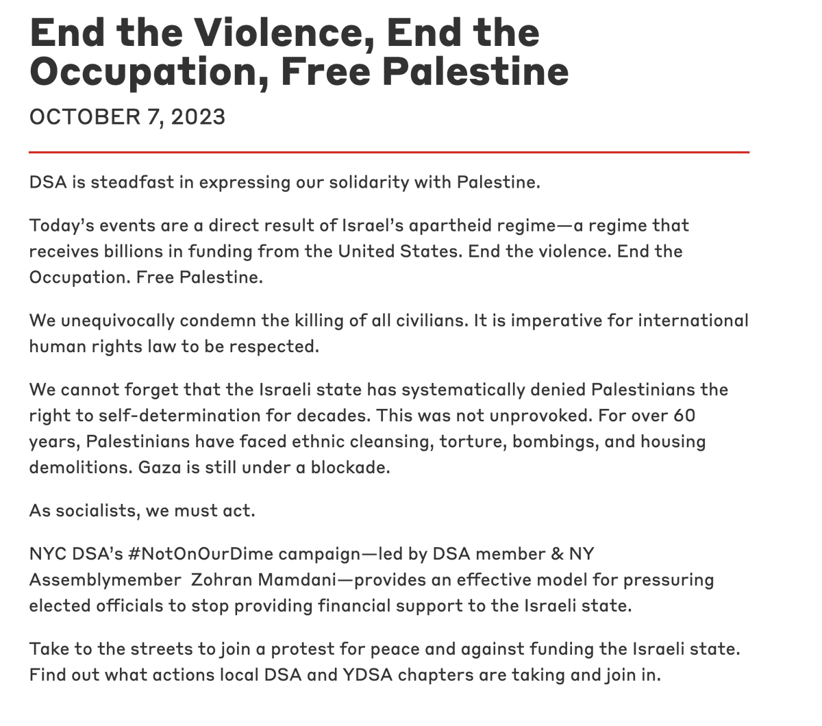 yaelbt's tweet photo. Every once in a while I like to reread this statement by the DSA and specifically one Zohran Mamdani, on October 7, 2023. Never forget. https://t.co/rfVv6CZ84C