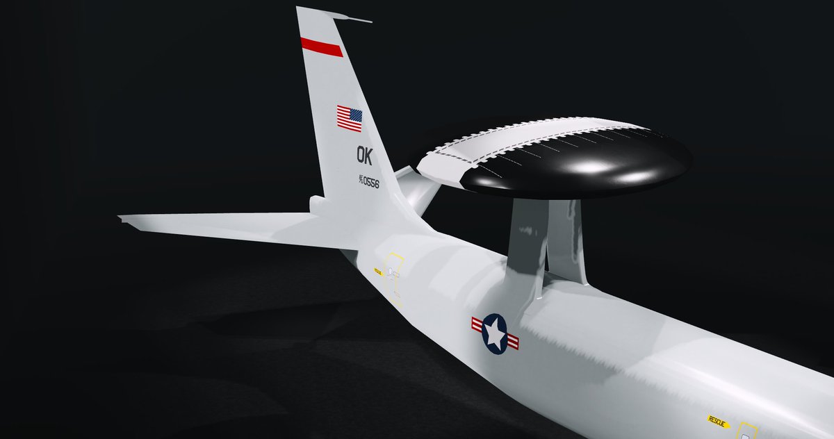 CDacted's tweet photo. E-3 AWACS. Made one of these ages ago but that one was significantly worse. This livery is based on an E-3 I seen at Prestwick in late 2024.

#Roblox #RobloxDev #Robloxbuilds https://t.co/8z7xhHlVIQ