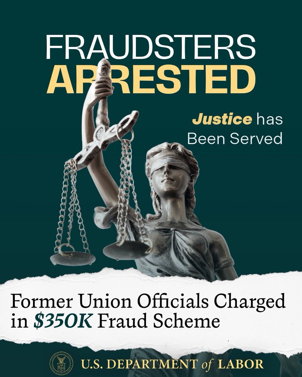 USDOL's tweet photo. ⚖️ 🚨 FRAUDSTERS CAUGHT.

Union officials were charged with embezzling $350K in union members’ hard-earned dues—with the abuse spanning over 5 years.

@USDOL’s Office of Labor Management-Standards is protecting American Workers and HOLDING corrupt officials ACCOUNTABLE. 🇺🇸 💪

READ MORE ⬇️
https://t.co/3V3Amu4qOd
