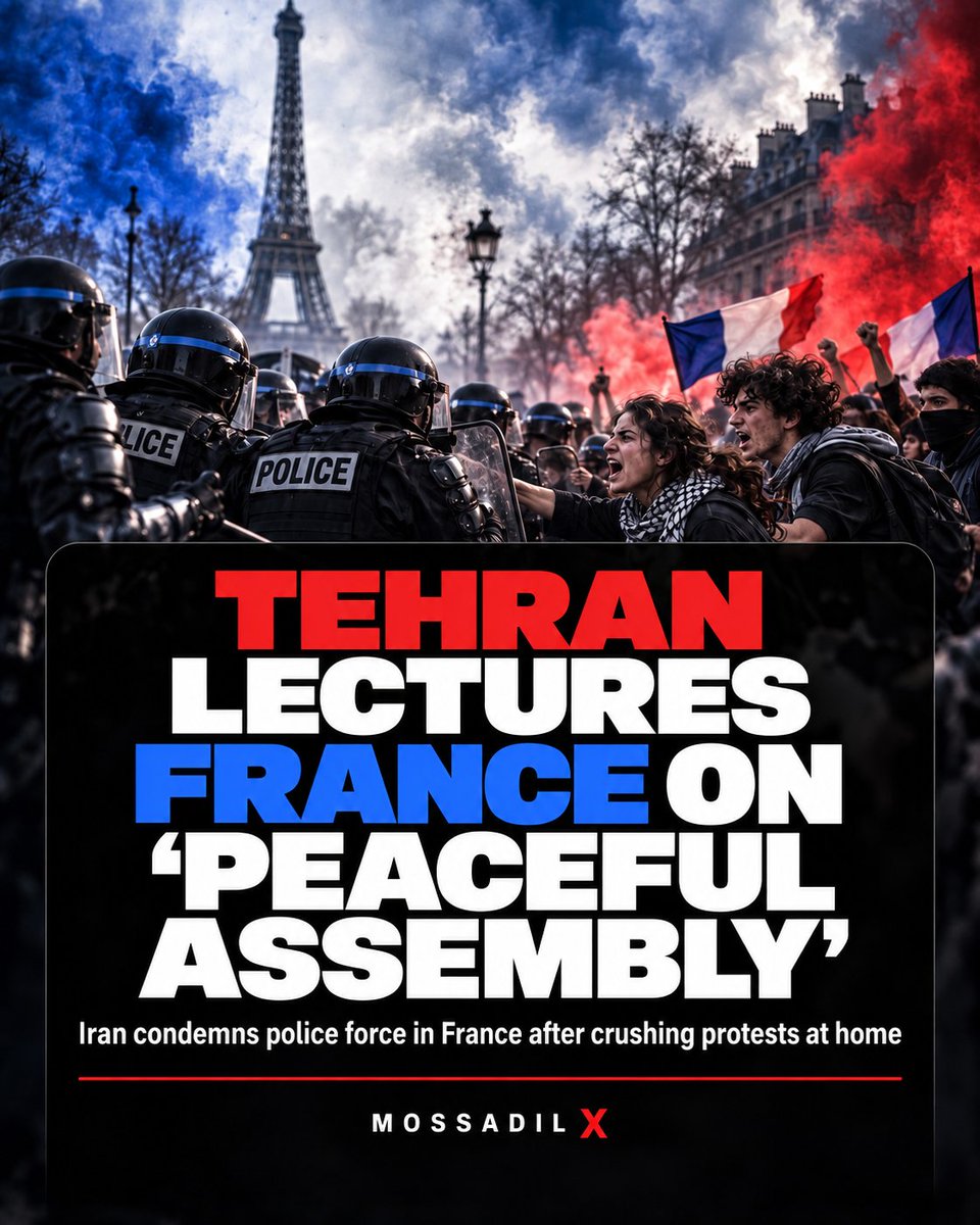 MOSSADil's tweet photo. 🚨 TEHRAN SUMMONS FRENCH AMBASSADOR—CALLS ON FRANCE TO RESPECT “PEACEFUL ASSEMBLY” CURRENTLY HAPPENING IN FRANCE

Iran summoned France’s ambassador to lecture Paris about “human rights” and respecting peaceful protesters.

Tehran has massacred, r*aped, arrested, forced confessions, tortured, and executed protesters (en masse since January) for protesting against the regime. Posting dissent online will result in execution, so it’s absurd that he would actually see this as a peaceful demonstration.

Iran apparently supports the right to demonstrate — just not in Iran.
