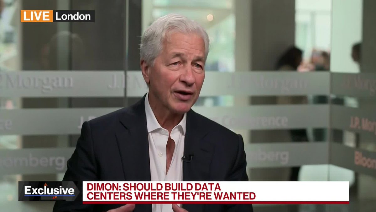 The image shows Jamie Dimon, JPMorgan Chase Chairman and CEO, being interviewed live from London, with the headline "DIMON: SHOULD BUILD DATA CENTERS WHERE THEY'RE WANTED," though the accompanying post focuses on his commentary about bond selloffs as a warning to governments.