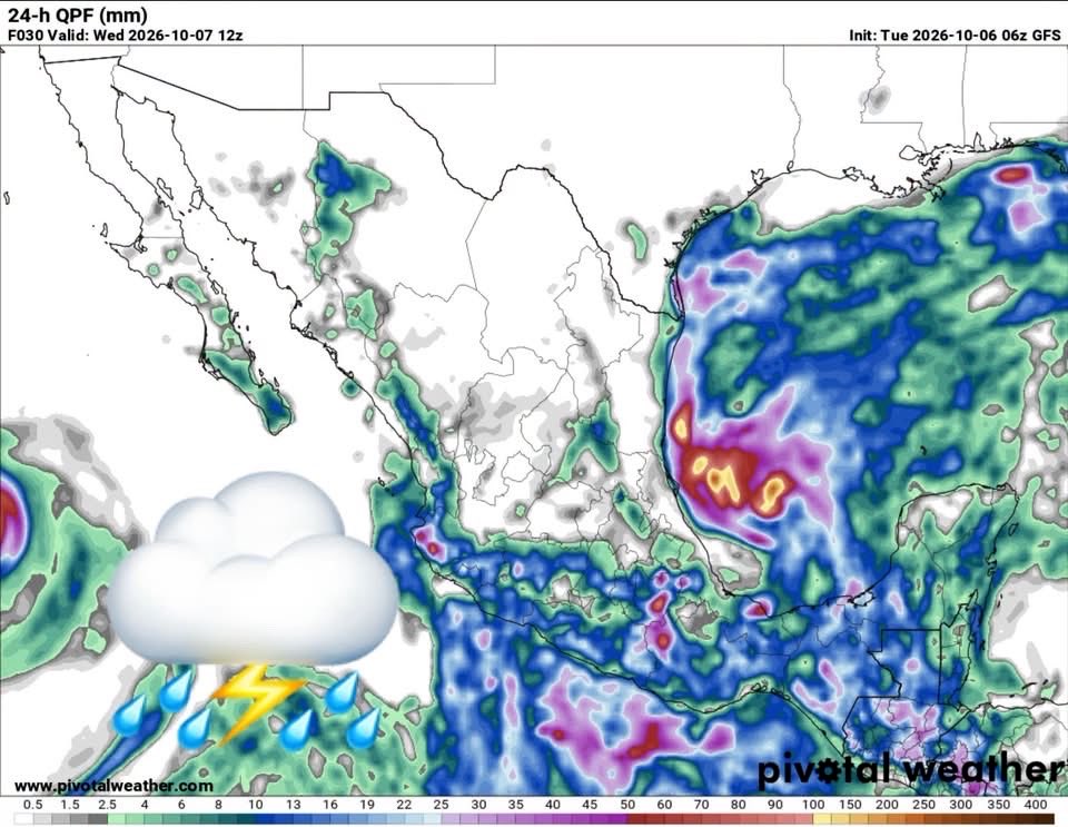InfoMeteoro's tweet photo. ⚠️PRONÓSTICO MARTES 6/OCT/2026

🚨“#TemporalLluvioso se concentrará en la mitad sur y sureste por humedad de la perturbación #92E al sur de Oaxaca...”

⛈️LLUVIAS/TORMENTA C/GRANIZO⬇️

🔴EVENTOS MÁS INTENSOS🔴
-Mich, Col, EdoMex, CDMX, Mor, Gro, Pue, Tlax, Oax, Chis, Tab, Camp, QRoo, sur de Jal, centro-sur de Ver

🟡EVENTOS AISLADOS FUERTES
-BCS, Son, Sin, Nay, Chih, Dgo, Coah, NL, Tamps, Zac, Ags, Gto, Qro, Hgo, Yuc

🌡️AMBIENTE DIURNO☀️
🔥>40ºC BC, BCS, Sin, Son
🥵36-40ºC noroeste, sureste
😅30-35ºC noreste, oriente, Pacífico
😅16-27ºC Altiplano (norte, occidente, Bajío, Valle de Méx)
🥶5-15ºC zonas montañosas

⚠️🌬️RÁFAGAS DE VIENTO km/h
35-60 en el norte, noreste, centro y zonas de tormenta, sin descartar mayores