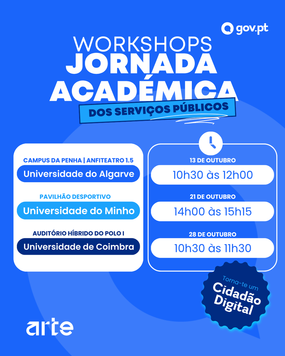 arte_gov_pt's tweet photo. Queres saber mais sobre serviços públicos digitais?💡
Juntámo-nos à @UAlg, à @UMinho_Oficial e à @UnivdeCoimbra para dinamizar 3 workshops sobre o impacto destas soluções no nosso dia a dia.
Esperamos por ti!
#ARTEGov #JASP #govpt #workshops #PRR #NextGenEU #ConstruirOFuturo https://t.co/A66GgYyFja
