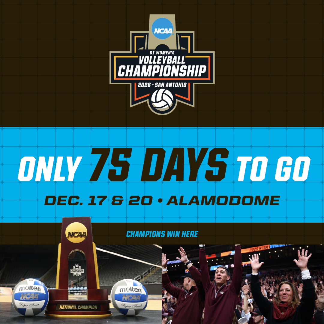 NCAAVolleyball's tweet photo. We’re 75 days away from crowning a national champion at the NCAA Division I Women’s Volleyball Championship! 🏐

Be there in San Antonio for an unforgettable championship weekend. Get your tickets today!

🎟️ https://t.co/YeDWiQgXqM

#NCAAWBB https://t.co/zfDfTtQLIR