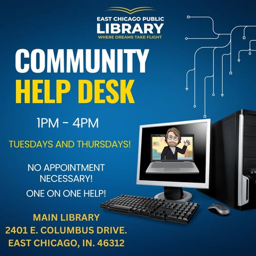 ECPublicLibrary's tweet photo. 💻📚 Stop by the Community Help Desk at the Main Library for FREE one-on-one help with your technology questions. — we’re here to help make technology less stressful and more accessible. 🤝

🗓 Tuesdays &amp; Thursdays
⏰ 1PM – 4PM
📍 Main Library
✅ No appointment necessary!

#ECPL https://t.co/oIuPsUPsUK
