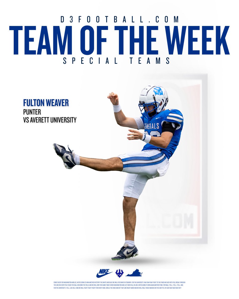 Generals_Fball's tweet photo. (Fr.) P Fulton Weaver was named to @d3football Team of the Week! #WE

4 Punts
44.0 Yd Avg per Punt
3 Punts Inside the 10
1 50+ yd Punt https://t.co/ADjl7D8ka5