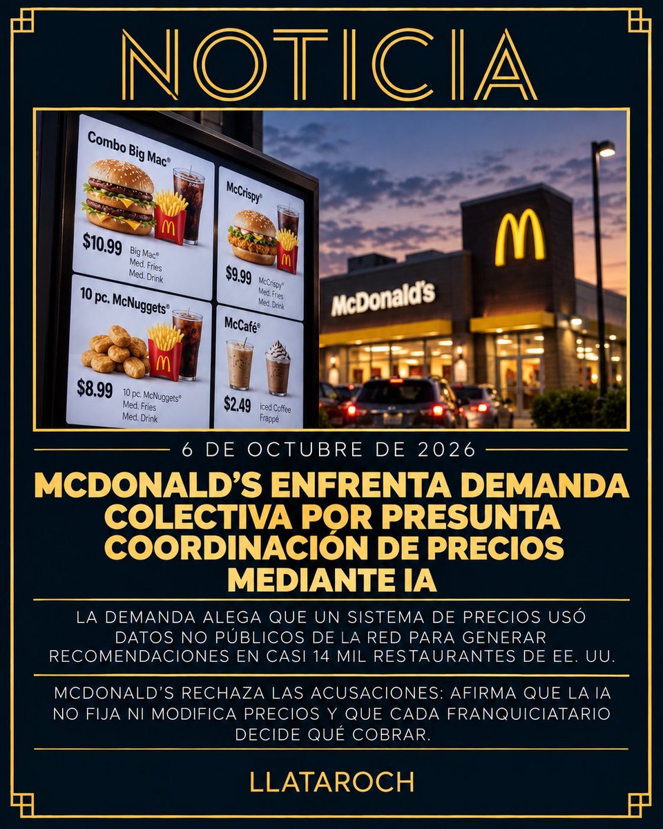 LlataRoch's tweet photo. NOTICIA: McDonald’s enfrenta demanda colectiva por presunta coordinación de precios mediante IA.

McDonald’s enfrenta una demanda federal que busca convertirse en acción colectiva nacional por el presunto uso de un sistema de inteligencia artificial para coordinar precios entre sus restaurantes en Estados Unidos. La demanda, presentada el 2 de octubre en Chicago por el consumidor Michael Thomas, alega que desde al menos 2019 un motor centralizado de machine learning utiliza datos no públicos de restaurantes franquiciados y corporativos para generar recomendaciones específicas de precios en una red de casi 14 mil establecimientos. El demandante sostiene que este esquema reduce la independencia con la que deberían competir los franquiciatarios y viola las leyes antimonopolio de Estados Unidos. McDonald’s rechaza las acusaciones y afirma que la IA no fija ni modifica los precios de sus productos, que las recomendaciones son opcionales y que cada franquiciatario conserva la decisión final sobre cuánto cobrar. El caso apenas comienza y ningún tribunal ha determinado que haya existido una coordinación ilegal de precios.