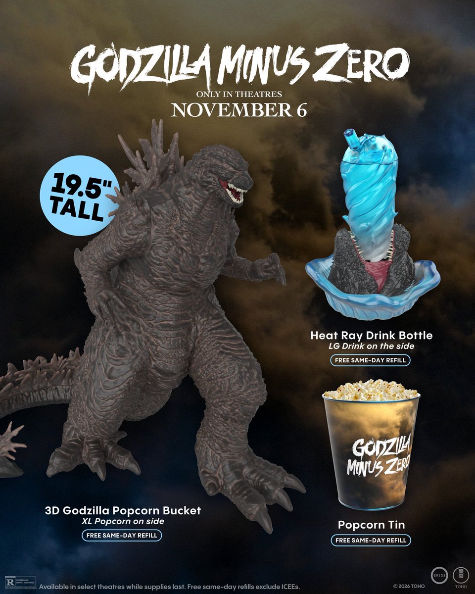 KaijuNewsOutlet's tweet photo. New Cinemark #GodzillaMinusZero merch has been revealed, including the 19.5" tall 3D Godzilla Popcorn Bucket. https://t.co/PDpMFRtR4g