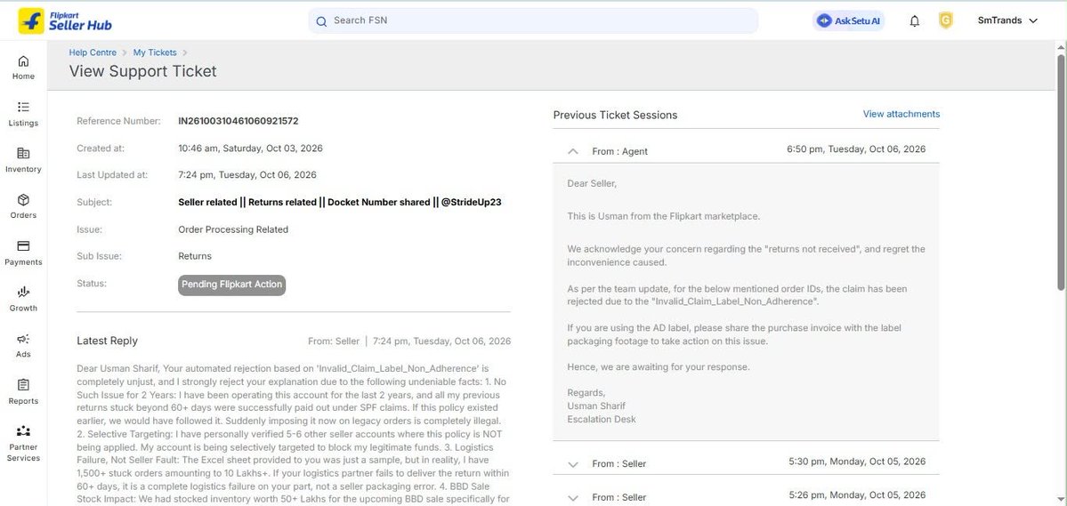 StrideUp23's tweet photo. "@Flipkart @FlipkartSupport Open fraud! For 2 years everything was fine, but now suddenly applying retrospective rules to 1,500+ orders (₹10L+) stuck for 60+ days due to THEIR logistics failure. Escalation desk (Usman Sharif) is just sending scam templates. Docket: 10313798" https://t.co/Hw9rNjyox5