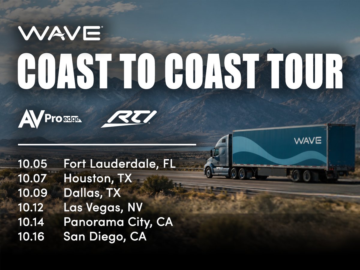 AVProEdge's tweet photo. We’re excited to kick off the WAVE Coast to Coast Tour!

Explore AVPro Edge video distribution and @RTIControl control and automation through hands-on demos.

Find the stop nearest to you and join us along the way!

Register here: https://t.co/0HQbtsEwBX

#AVPro #RTI #WAVE https://t.co/N0bOelpvv2