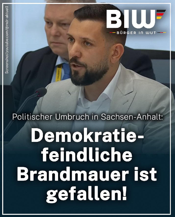 biw_partei's tweet photo. Die Brandmauer ist gefallen – ein guter Tag für die Demokratie!

Heute wurde Tobias Rausch (AfD) zum Landtagspräsidenten von Sachsen-Anhalt gewählt. Damit ist eine Brandmauer gefallen, die aus unserer Sicht nie hätte existieren dürfen.

Nicht Parteizentralen entscheiden, wer im Parlament mitreden darf – die Bürger entscheiden an der Wahlurne! Wer Millionen Wähler politisch ausgrenzt, weil ihm deren Entscheidung nicht gefällt, stärkt die Demokratie nicht, er missachtet sie.

Posten und parlamentarische Rechte dürfen nicht nach politischer Gesinnung verteilt werden. Der Wählerwille muss wieder zählen!

Der Bürger muss wieder im Mittelpunkt stehen – nicht die Brandmauer.