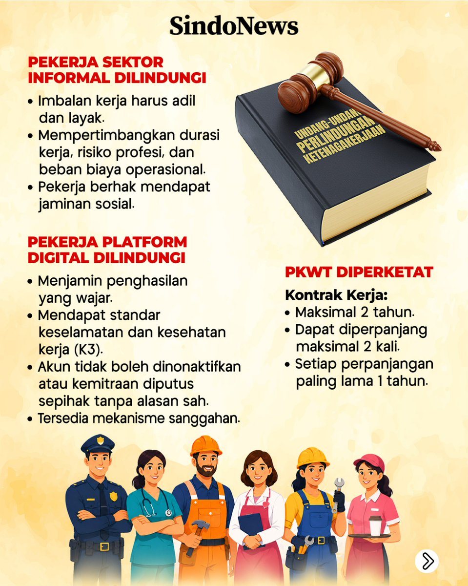 SINDOnews's tweet photo. Dewan Perwakilan Rakyat (DPR) RI resmi mengesahkan Rancangan Undang-Undang (RUU) tentang Pelindungan Ketenagakerjaan menjadi Undang-undang (UU). Keputusan krusial bagi dunia ketenagakerjaan nasional ini diambil dalam forum Rapat Paripurna ke-9 Masa Persidangan I Tahun Sidang 2026-2027 di Gedung DPR, Senayan, Jakarta, Selasa (6/10/2026).

Regulasi ketenagakerjaan yang baru disahkan ini memuat 23 bab dan 313 pasal. Setidaknya terdapat sembilan substansi krusial yang diatur secara mendalam di dalam undang-undang anyar tersebut.

https://t.co/CV3UVOdNwH

#UUPerlindunganKetenagakerjaan #DPR #Ketenagakerjaan #TenagaKerja #Sindonews