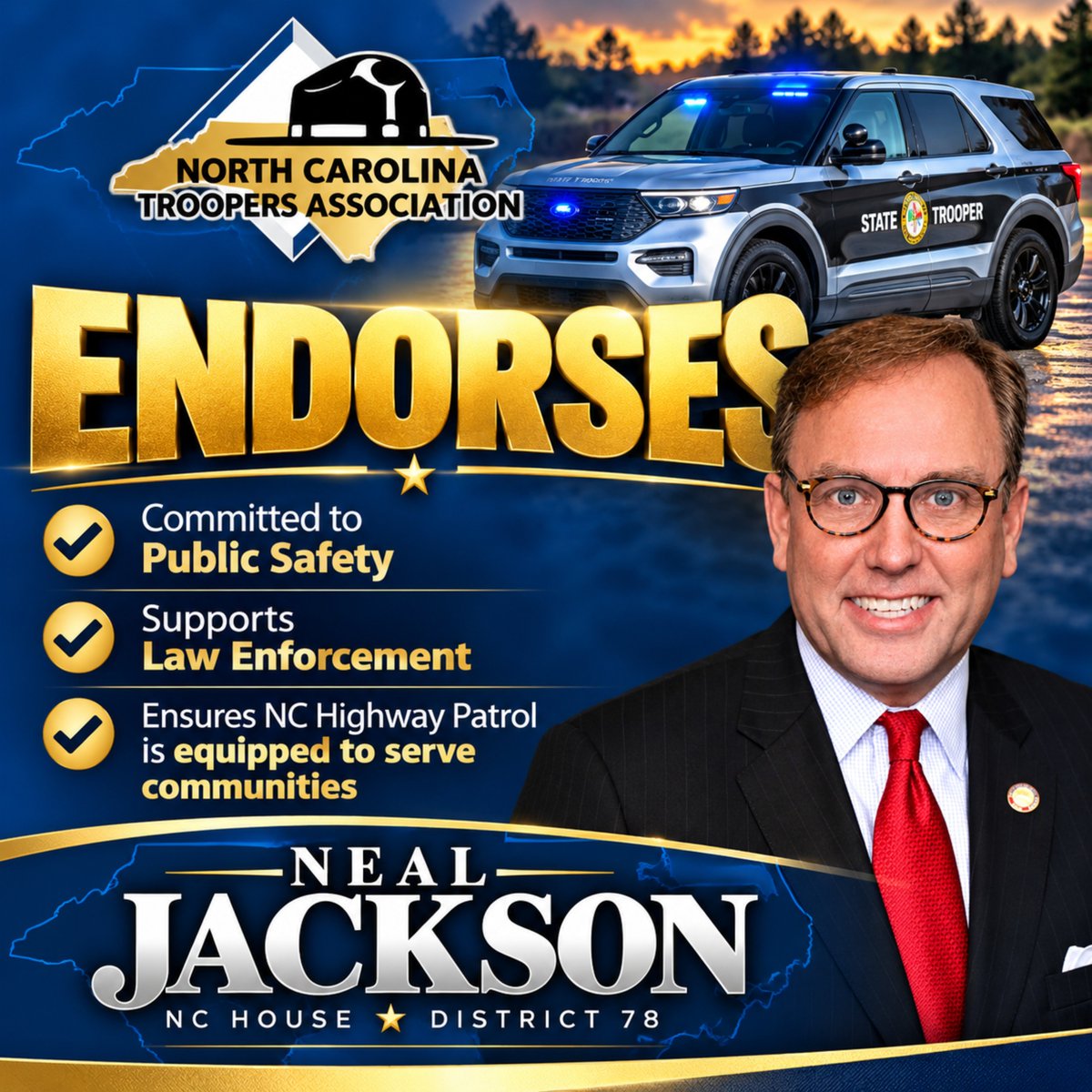 RepNealJackson's tweet photo. Honored to receive their endorsement, I will always back the blue! #nc78 #ncga #republican #gop #moore #randolph #police #trooper #ncshp https://t.co/s6T7Dr7jtj