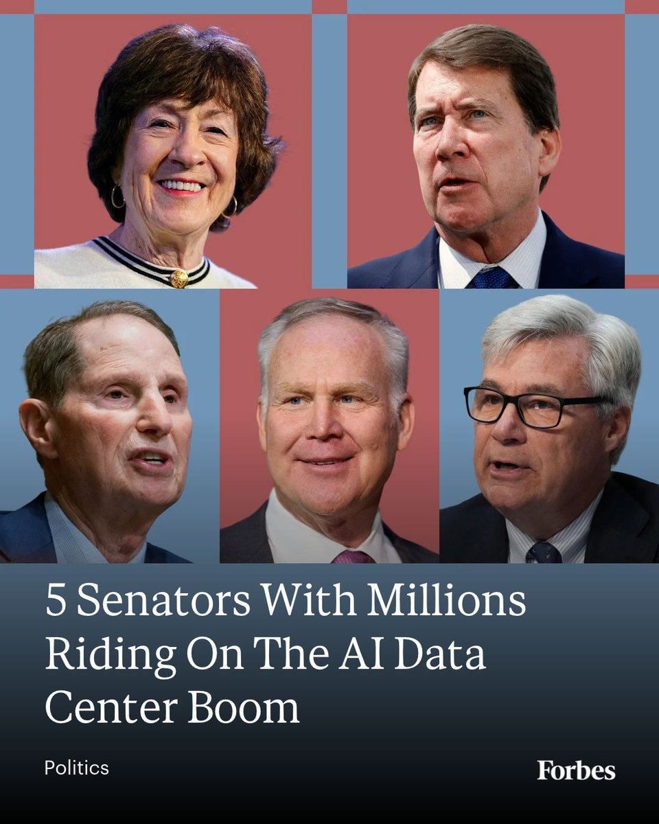 Forbes's tweet photo. Forbes examined financial disclosures for every sitting senator. We found 26 with at least $7 million in investments tied directly to the data center buildout, including Sheldon Whitehouse and Susan Collins.
Read more: https://t.co/QlhV4pUetn
📸: Aaron Schwartz via Bloomberg, Kevin Dietsch via Getty Images, Allison Robbert via Associated Press, Andrew Harnik via Getty Images