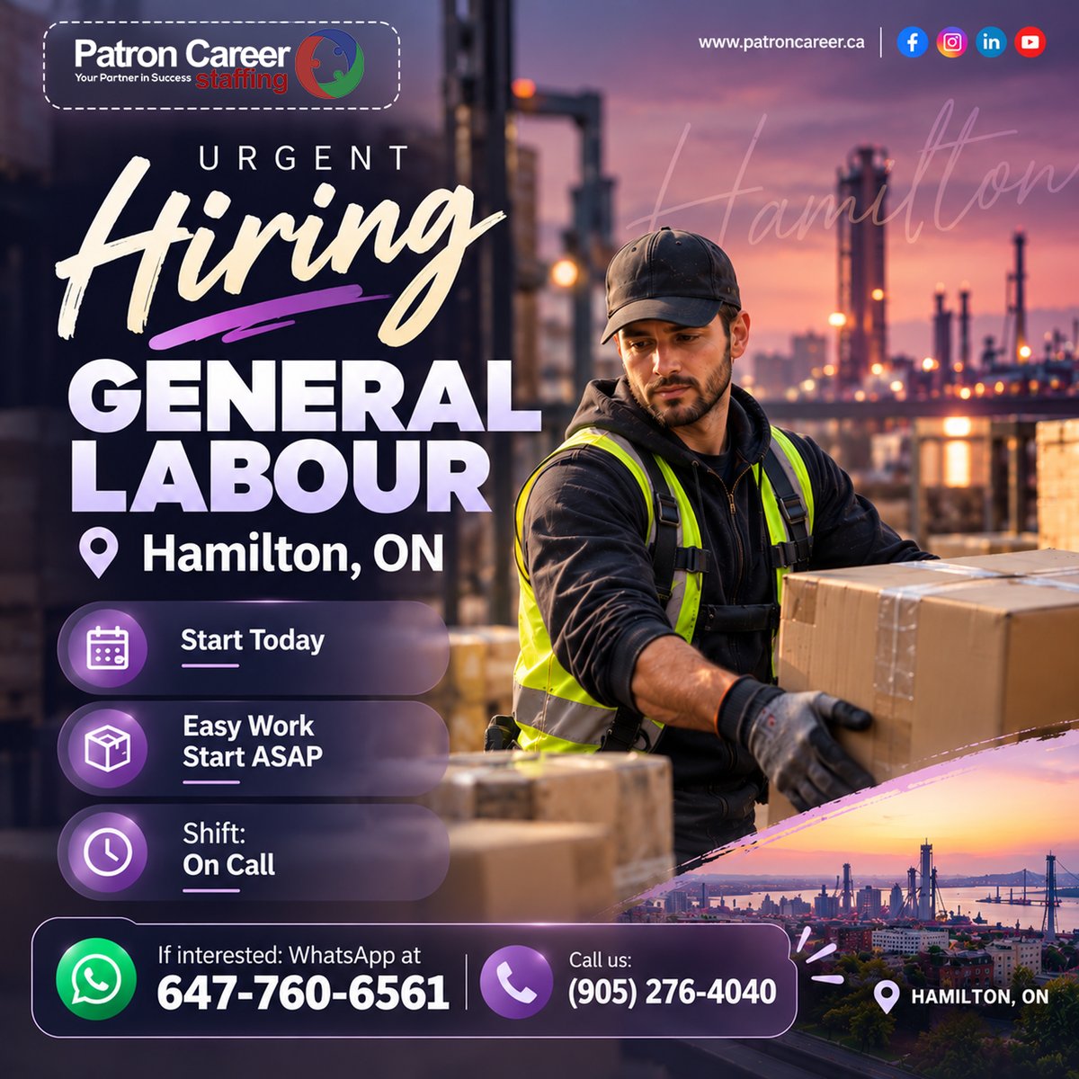PatronStaffing's tweet photo. 🚨 URGENT HIRING – GENERAL LABOURERS
📍Hamilton, ON
⚡Start Today / ASAP
📲WhatsApp: +1 (647) 760-6561
📞Call: (905) 276-4040
🌐Apply Online: https://t.co/8jGjJN9H6K
#UrgentHiring #GeneralLabour #HamiltonJobs #HamiltonON #StartASAP #StartToday #ImmediateHiring #OnCallJobs https://t.co/fftmufPiOu